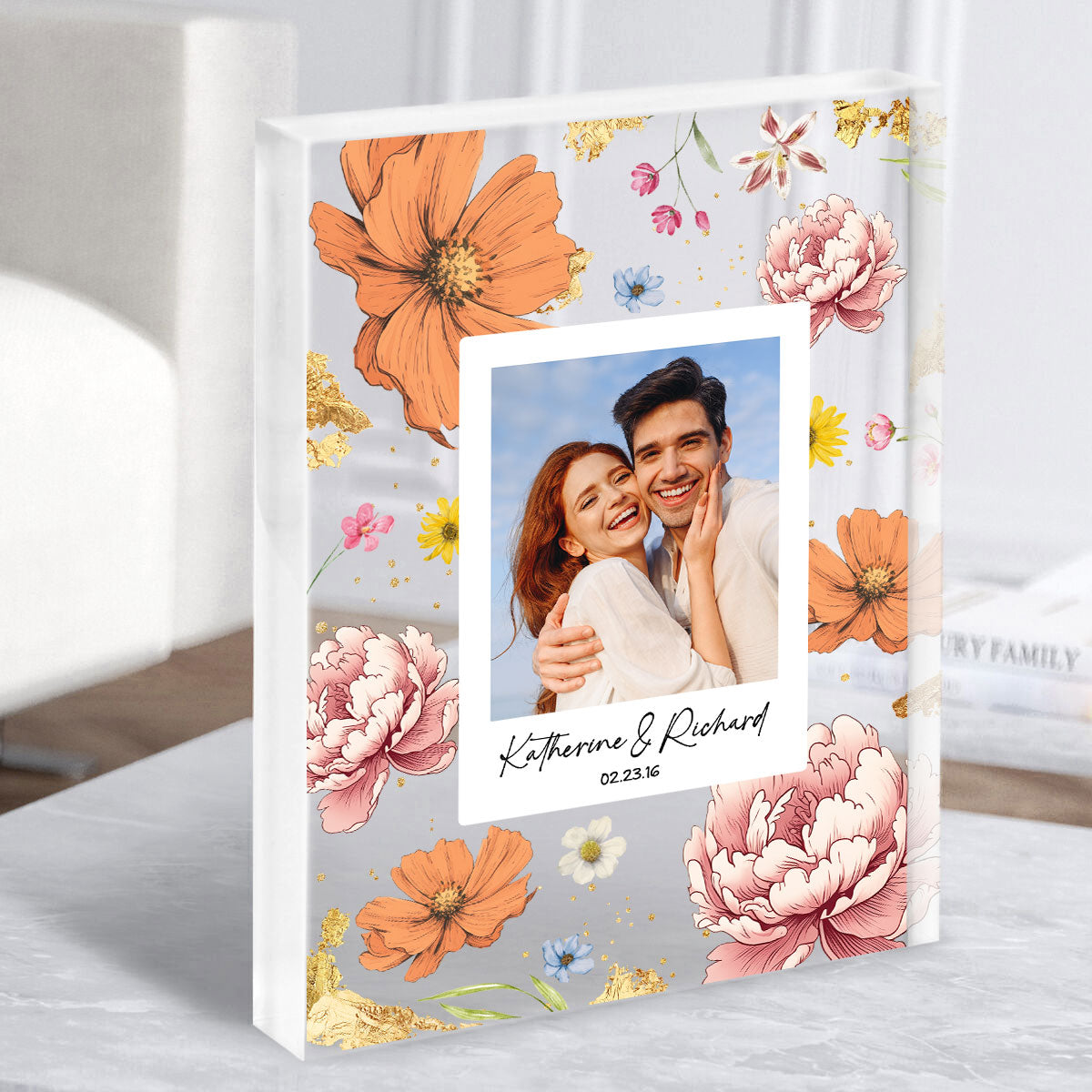 Couple Upload Photo Birth Month Flowers Personalized Acrylic Block Plaque, Anniversary Gift,  Gift