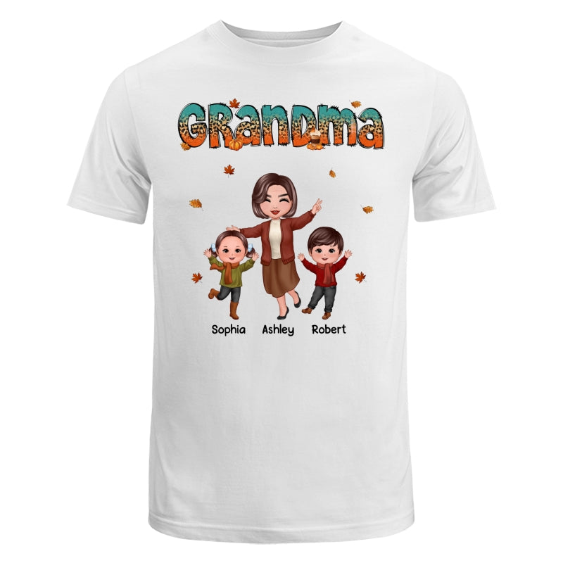 Teal Orange And Leopard Fall Season Happy Grandma Grandkids Personalized Shirt