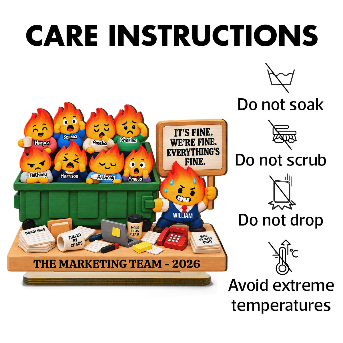 Dumpster Fire Team 2D Flat - Personalized Wooden Plaque – It's Fine We're Fine Everything's Fine, Funny Coworker Gift 2026