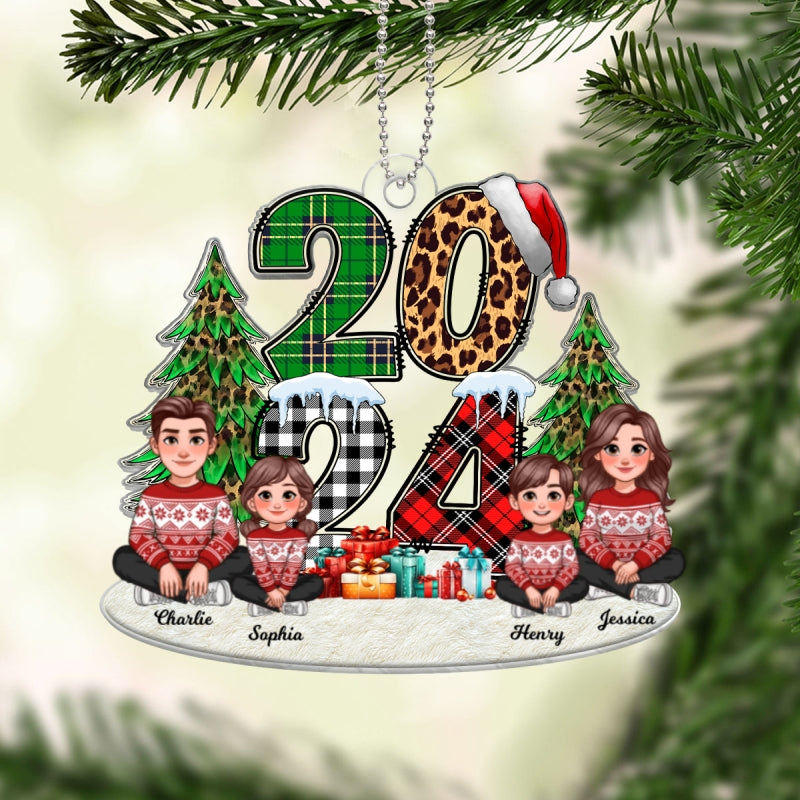 Christmas Animated Family Sitting 2024 Stacked Pattern Personalized Acrylic Ornament