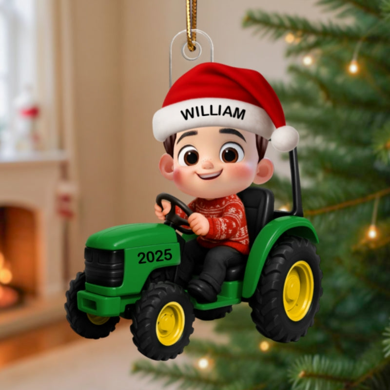 3D Effect Little Boy Kid With Tractor Excavator Backhoe Christmas - Personalized Acrylic Ornament - Gift For Grandkids, Kids
