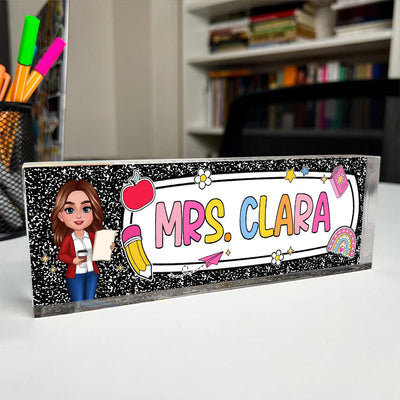 Teacher Composition Book Pattern Personalized Acrylic Desk Name Plate, Back To School Gift