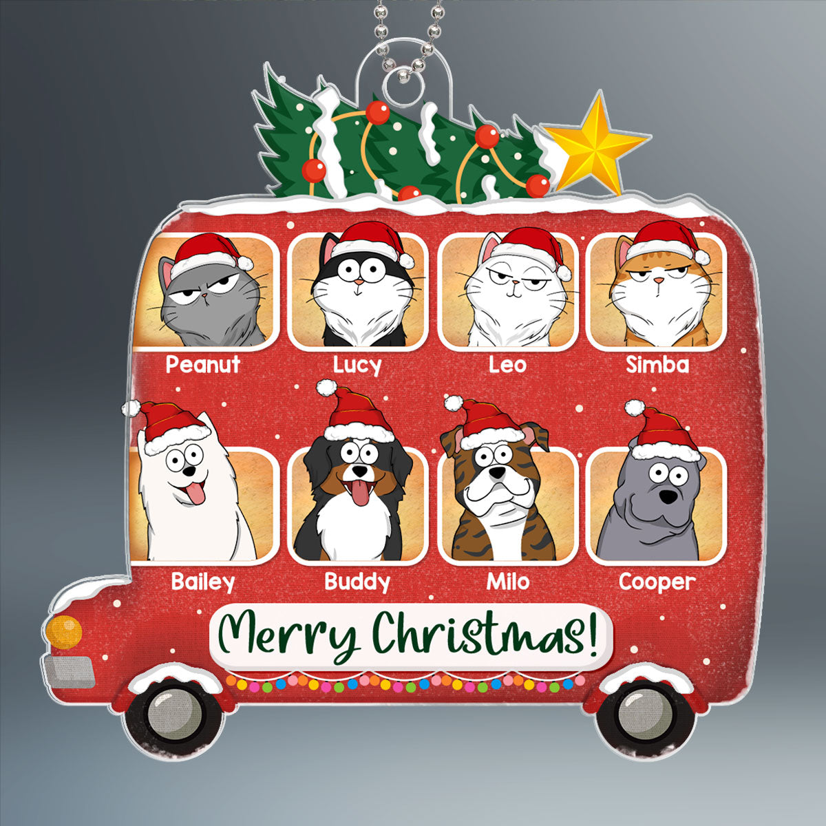 Merry Christmas Dogs Cats Cartoon On Christmas Bus Personalized Acrylic Ornament