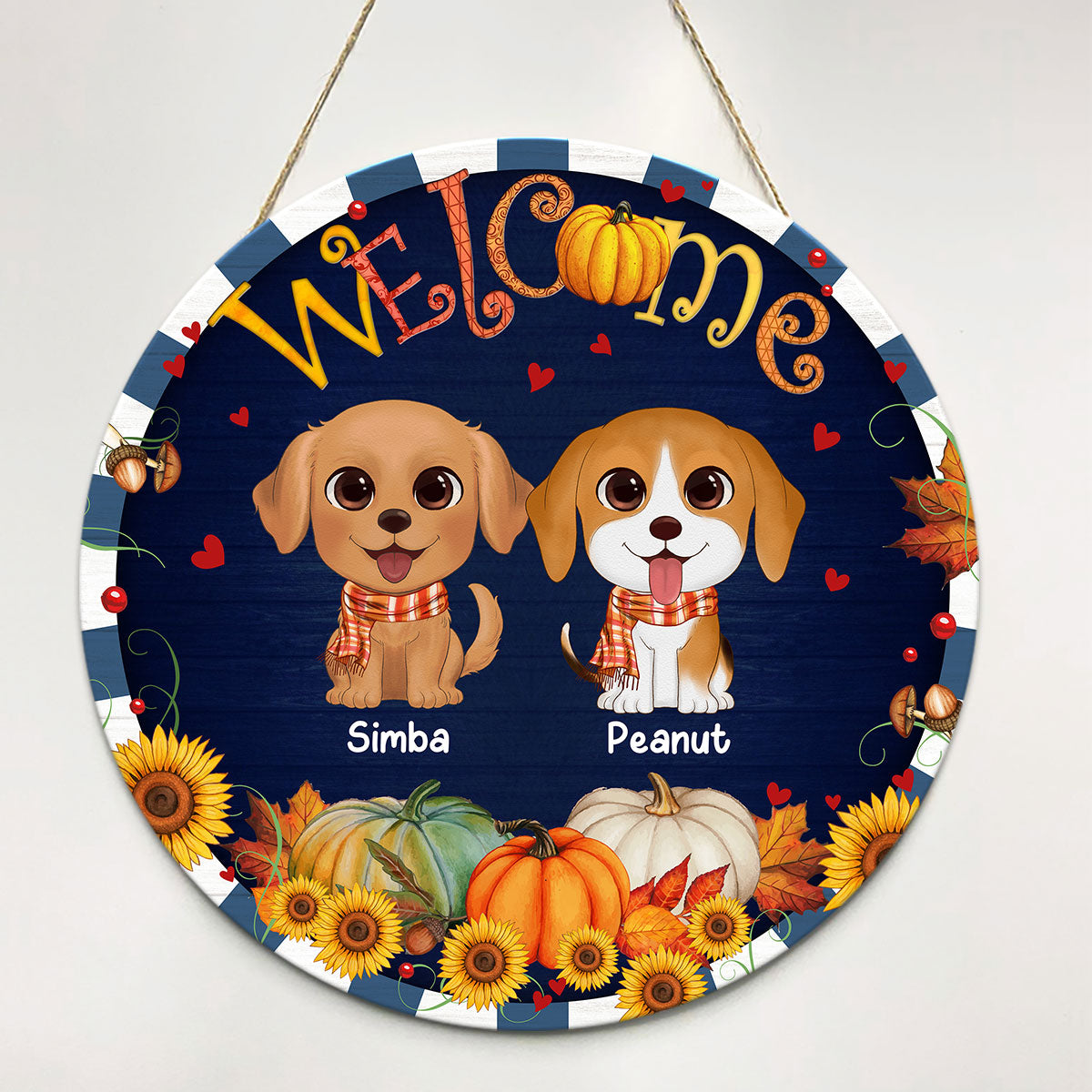Fall Season Frame Watercolor Cute Dogs Personalized Door Hanger Sign