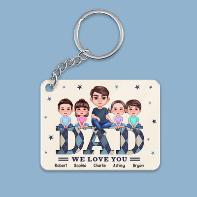Doll Man Dad And Kids Argyle Pattern Personalized Acrylic Keychain