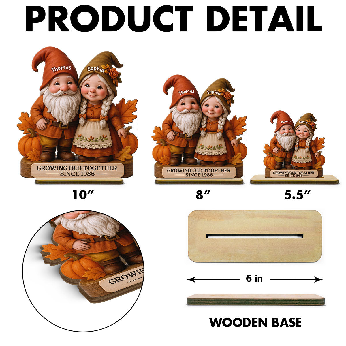 3D Effect Fall Season Gnome Couple Personalized Standing Wooden Plaque| Anniversary Gift, Birthday Gift, Wedding Gift For Couple