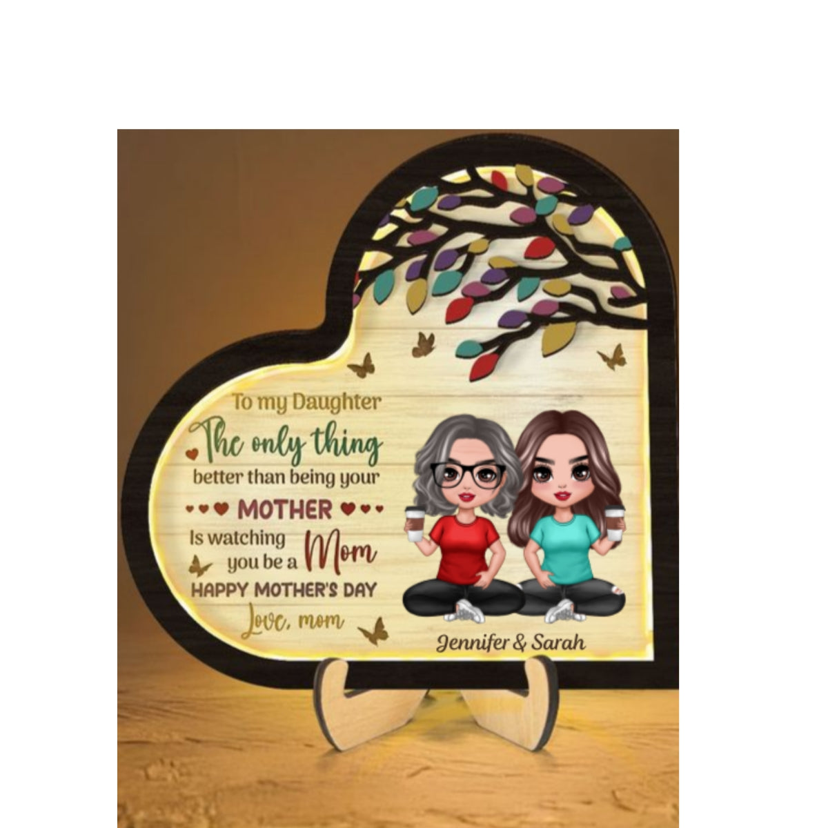 To My Daughter Gift From Mom Heart Personalized 2-Layered Wooden Plaque With LED