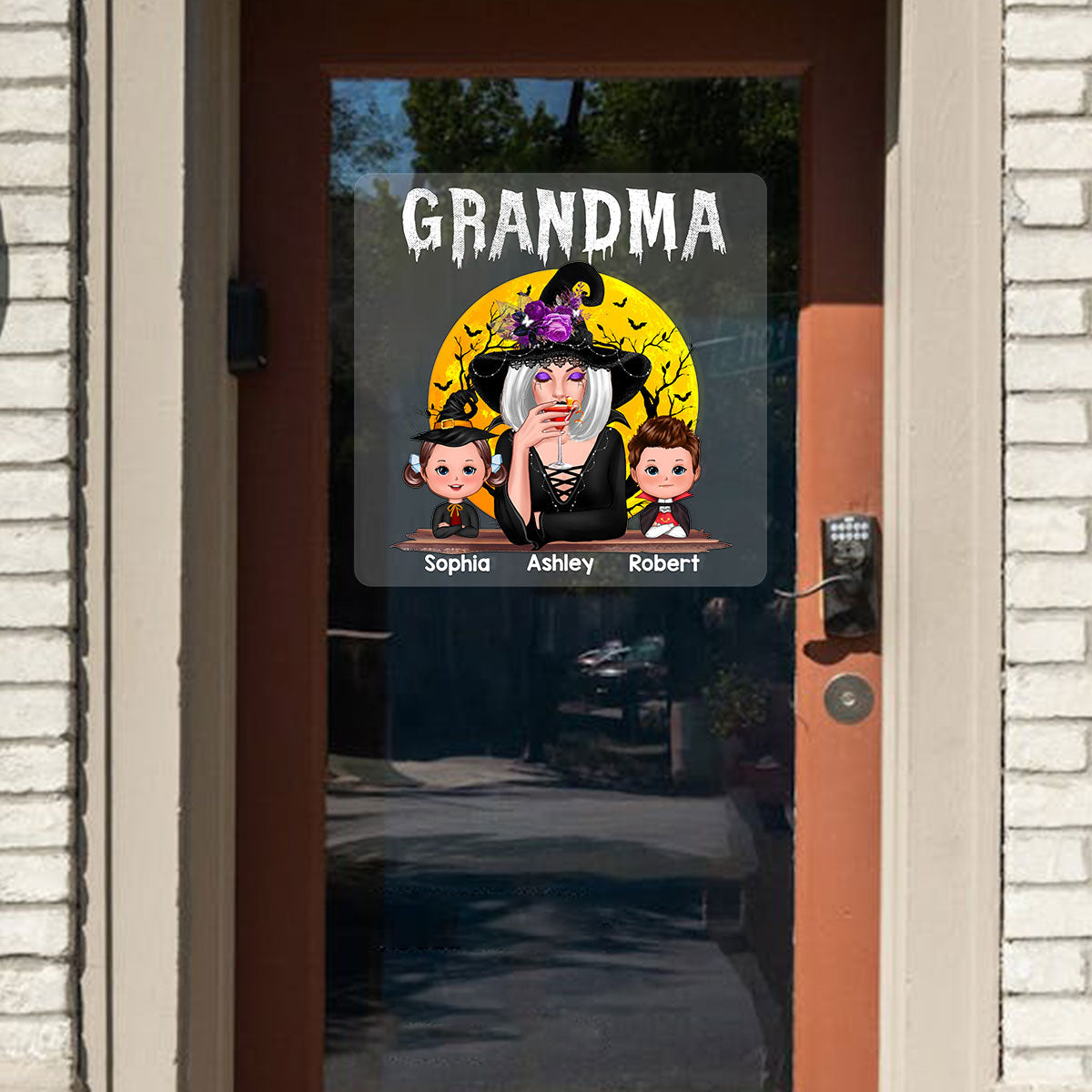 Halloween Moon Grandma Mom Witch With GrandKids Personalized Decal, Halloween Decoration