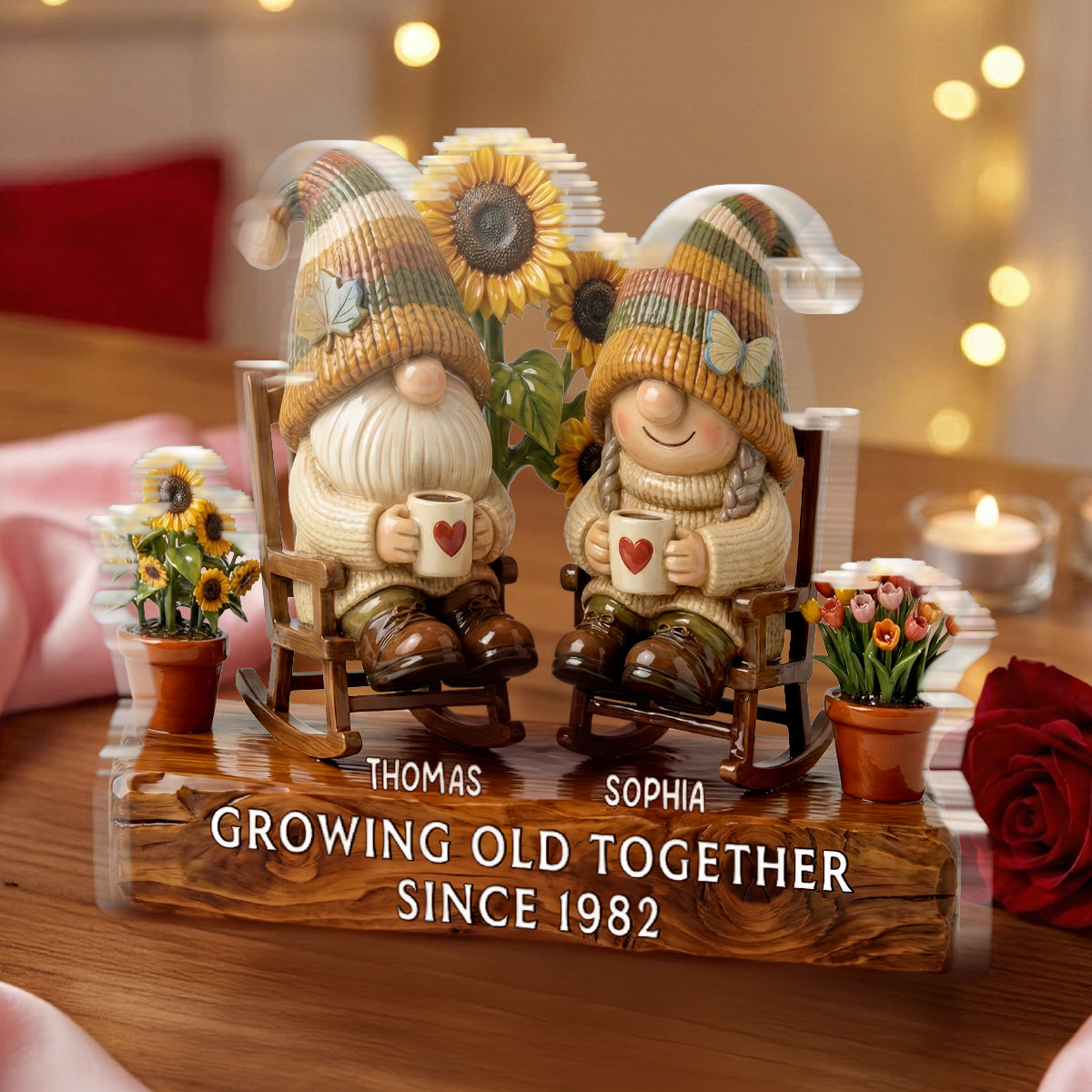 3D Effect Vintage Gnome Couple Grow Old Together - Personalized Acrylic Block Plaque - Gift For Him, Gift For Her