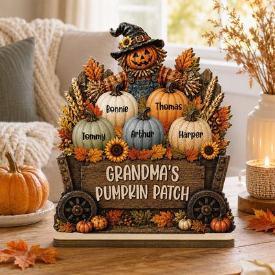 Grandma's Pumpkin Patch Scarecrow Pumpkins On Wagon 2D Flat - Personalized 2-Layered Wooden Plaque - Rustic Fall Decor