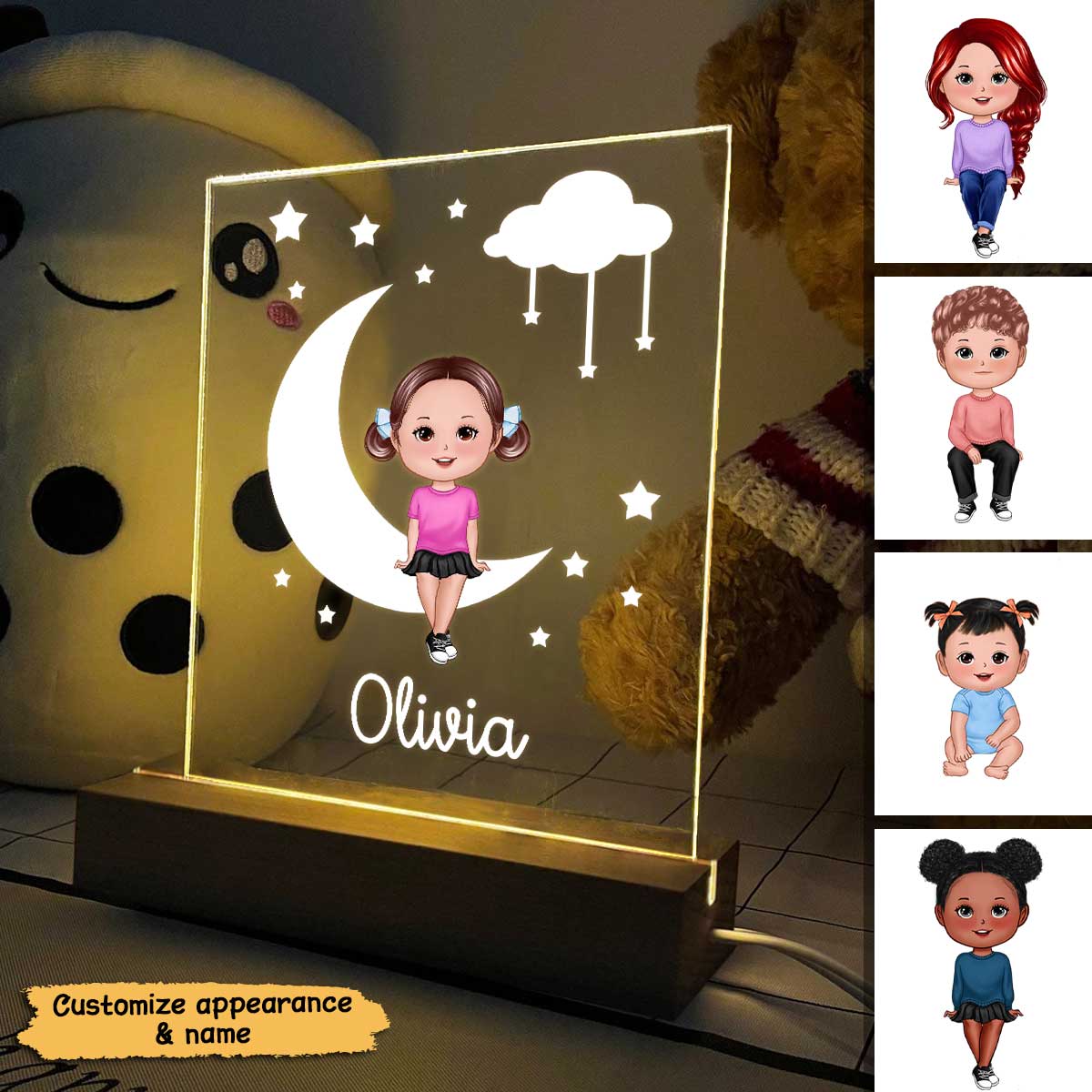 Cute Kid Sitting On Moon Nursery Decor Personalized Acrylic Plaque With LED Night Light - Gift For Grandchildren, Son, Daughter - Nursery Lamp
