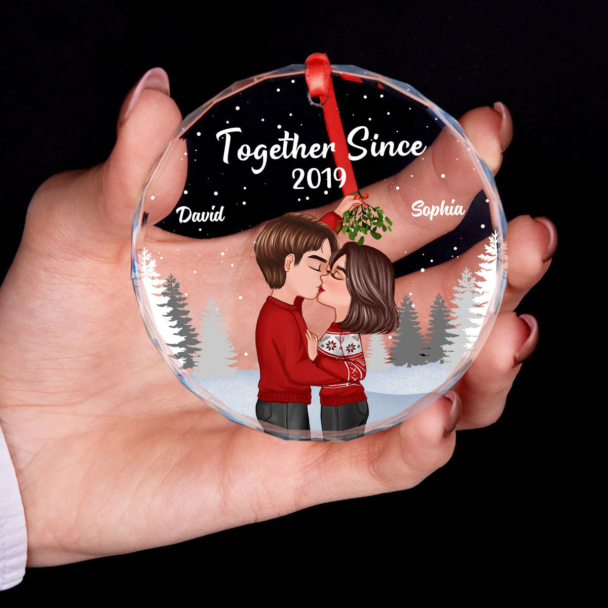 Couple Kissing Under Mistletoe Christmas Night Personalized Glass Ornament
