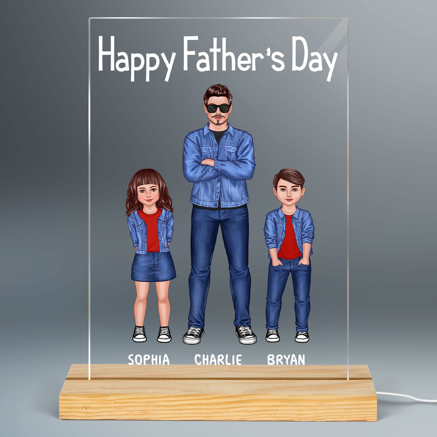Dad And Kids Standing Front View Personalized Rectangle Acrylic LED Night Light