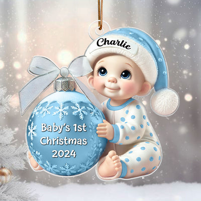 Baby Holding Christmas Bauble 3D Effect Baby's First Christmas Personalized Acrylic Flat Ornament