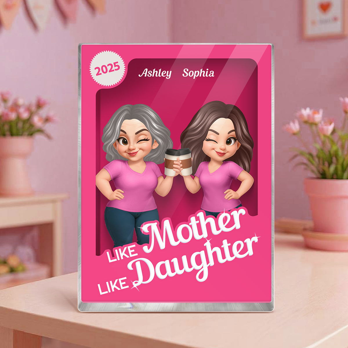Like Mother Like Daughter Pink Toy Box 3D Effect Action Figure Personalized Acrylic Block