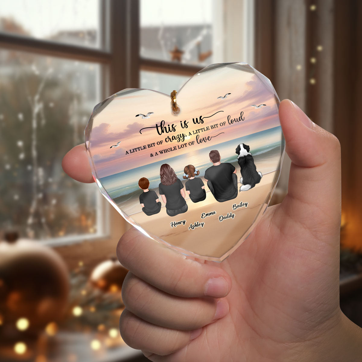 Family Sitting Back View Retro Vintage Beach Landscape Personalized Heart Glass Ornament
