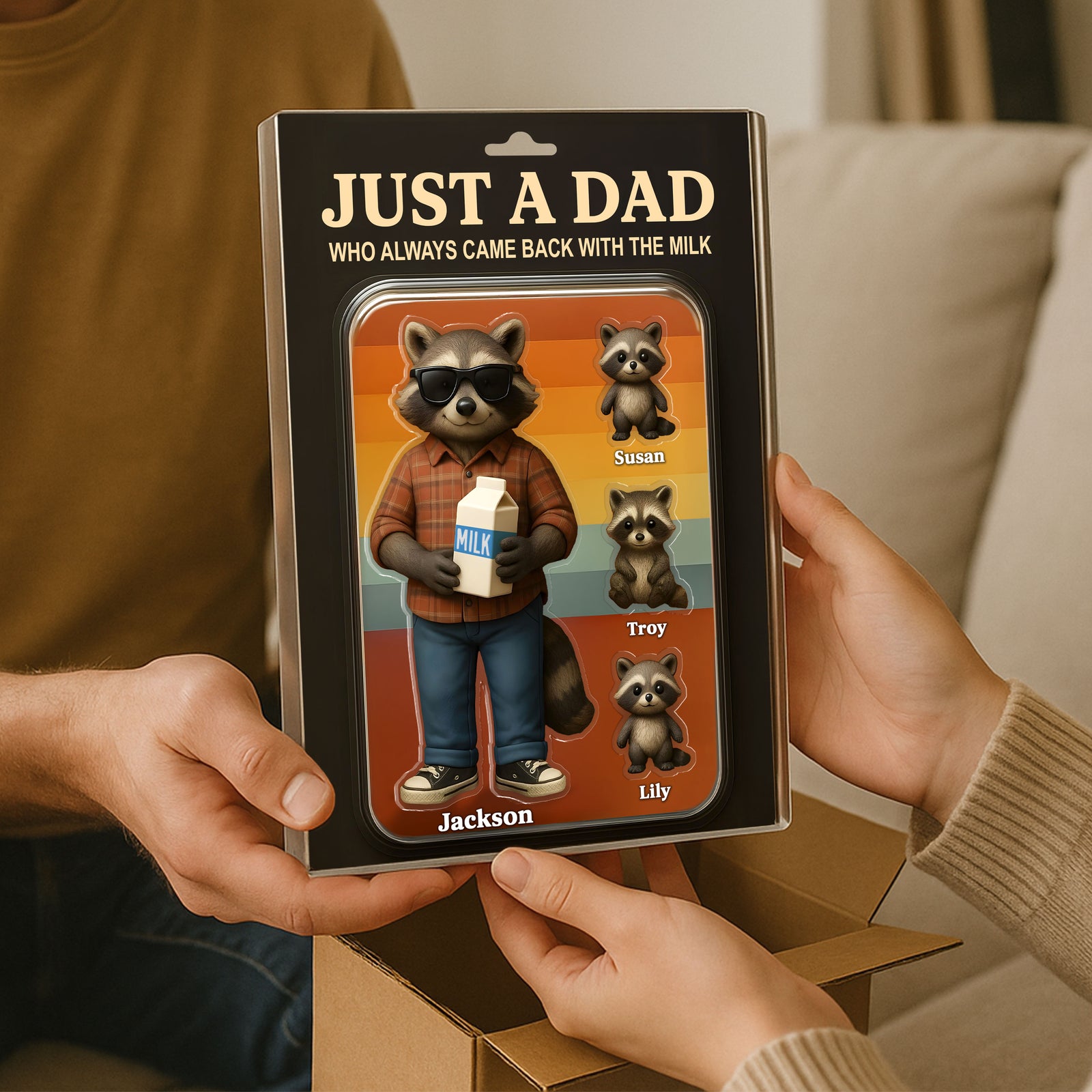 Just A Dad Always Came With Milk Funny Raccoon Dad Figure Personalized Acrylic Block