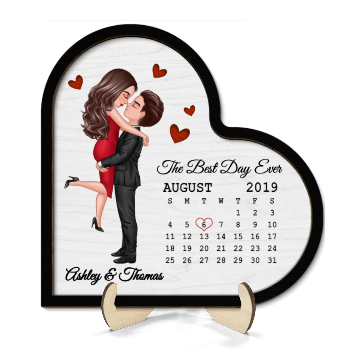 Doll Couple Hugging Kissing Calendar Anniversary Date Gift For Couple Gift For Him Gift For Her Personalized Heart Shaped 2 Layer Wooden Plaque