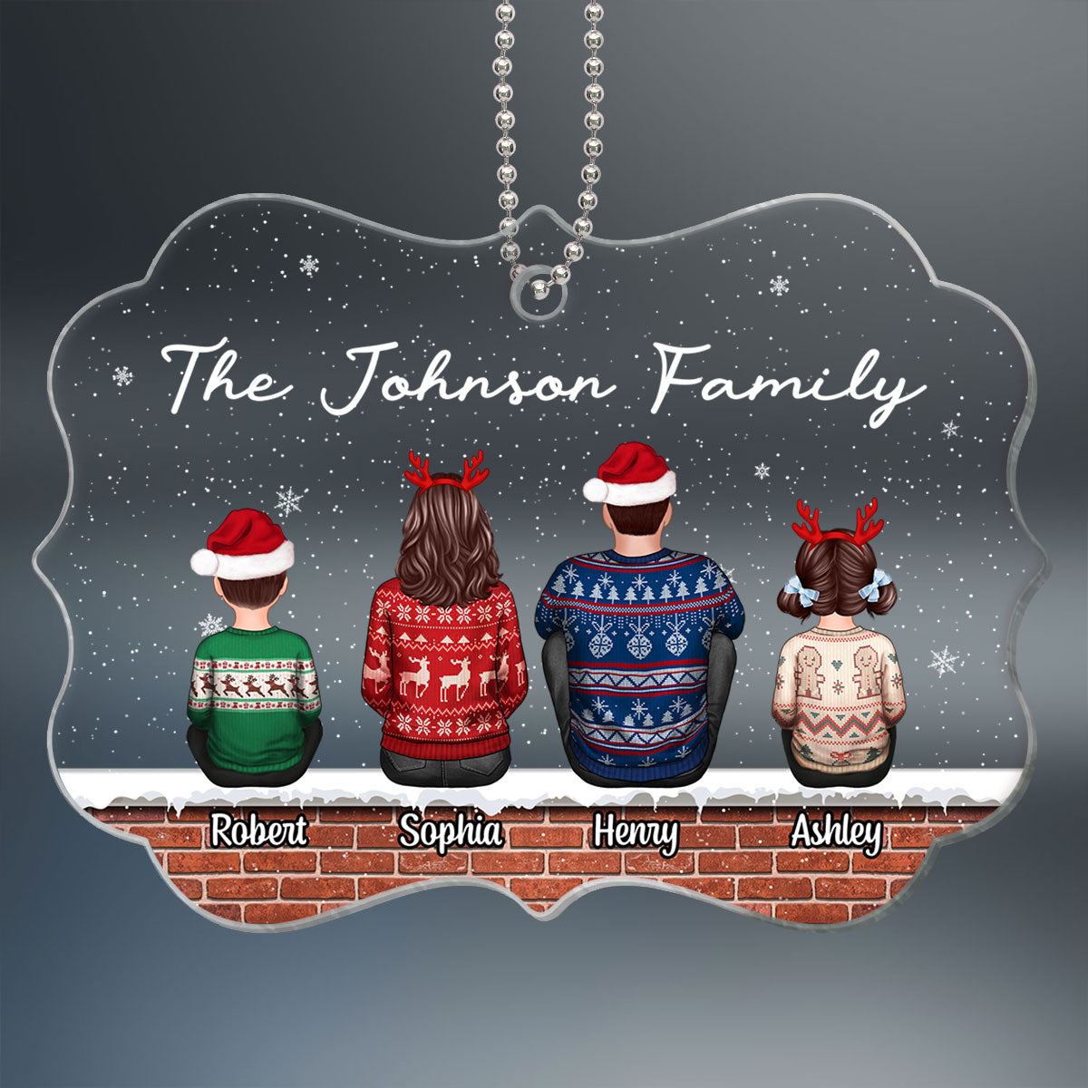 Family Back View Sitting On Brick Wall In Snow Personalized Acrylic Ornament