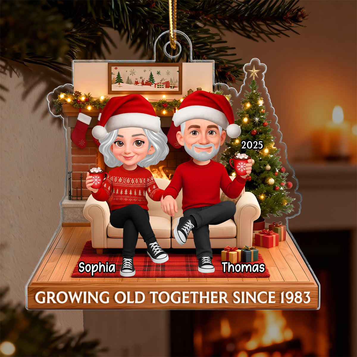 3D Effect Christmas Couple Cozy Christmas - Personalized Acrylic Ornament - Heartfelt Gift For Couple