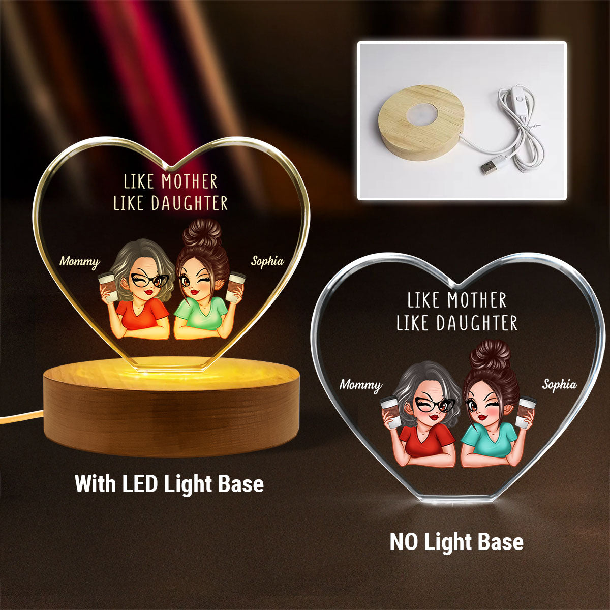 Personalized Premium Crystal Heart LED, Like Mother Like Daughter, Gift For Mom, Free Delivery