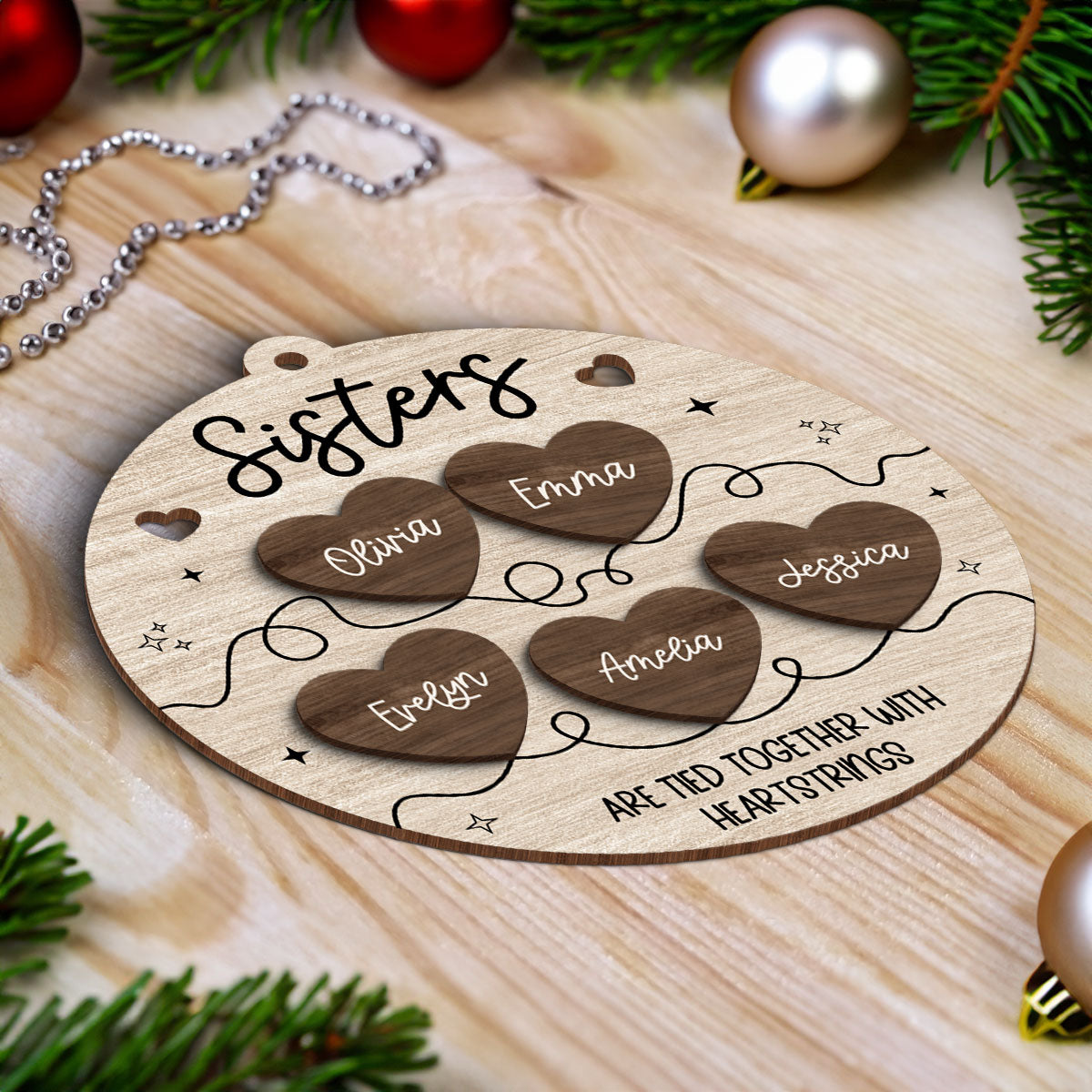 Besties Sisters Are Tied Together With Heart Strings Christmas Personalized 2-Layer Wooden Ornament