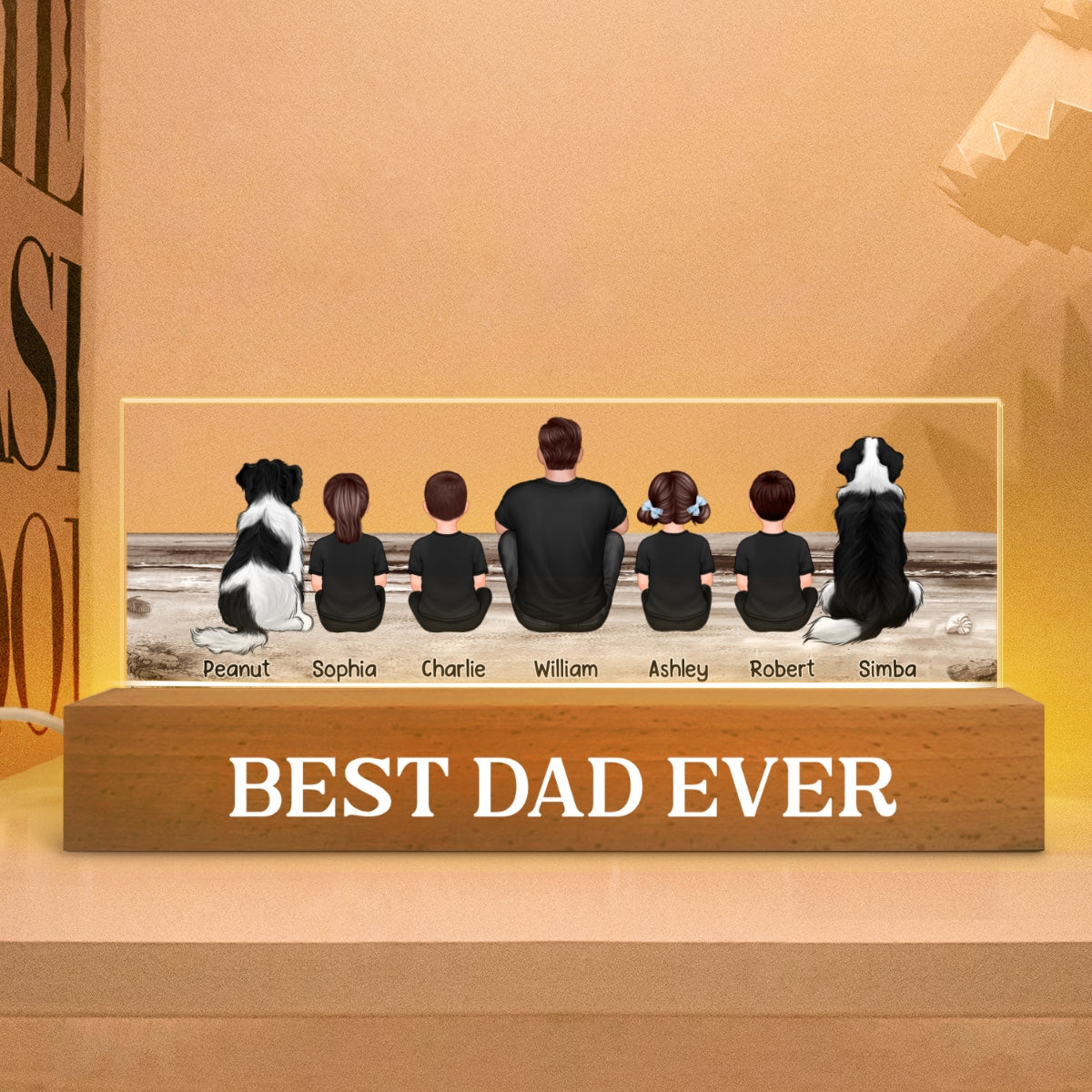 Retro Vintage Dad And Sons Daughters Sitting Beach Landscape Personalized Acrylic Block LED Night Light, Heartfelt Father's Day Gift For Dad