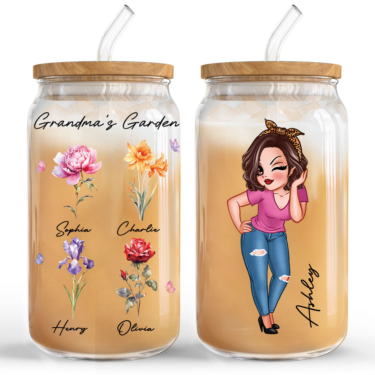 Grandma‘s Garden Beautiful Birth Month Flowers Mother‘s Day Birthday Gift For Grandma Mom Personalized Clear Glass Can