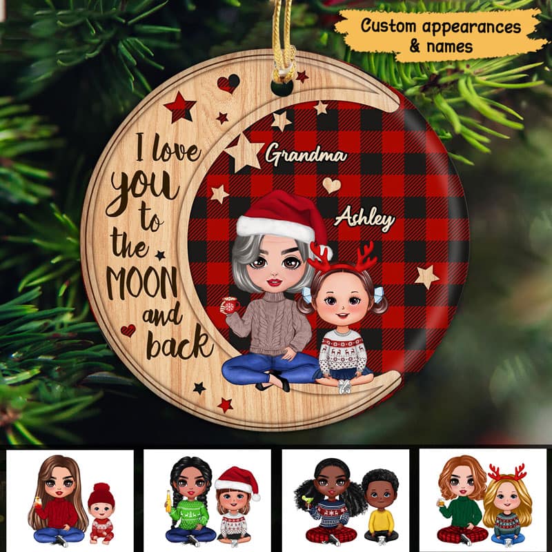 Checkered Pattern Doll Grandma & Grandkid On Moon Personalized Circle Ornament