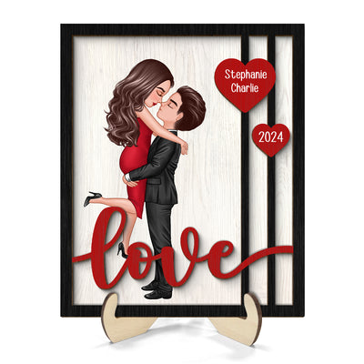 Couple Hugging Kissing Love Hearts Personalized 2-layer Wooden Plaque, Valentine‘s Day Gift For Him, For Her