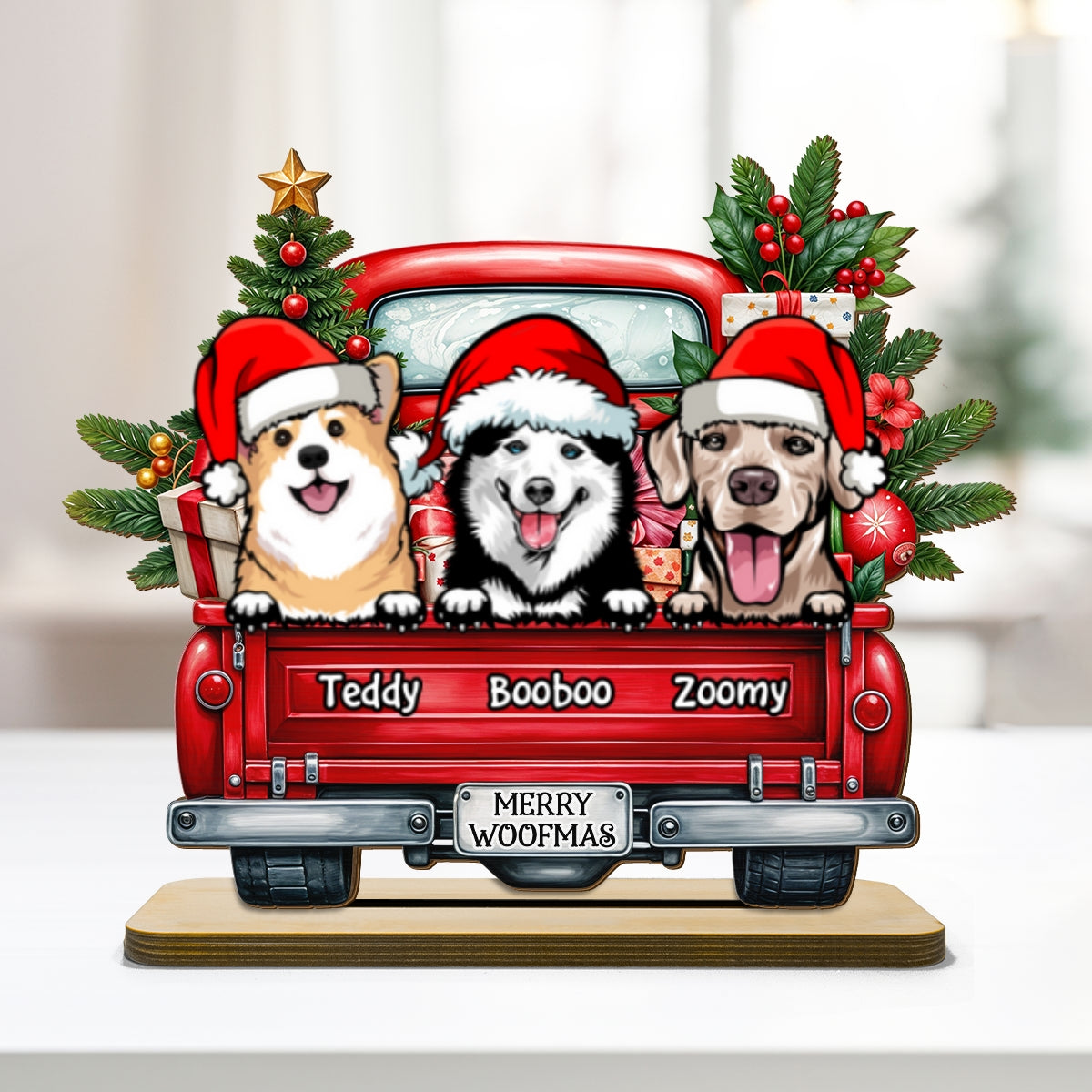 Merry Woofmas Dogs On Truck Personalized Standing Wooden Plaque, Christmas Gift For Dog Mom Dog Dad