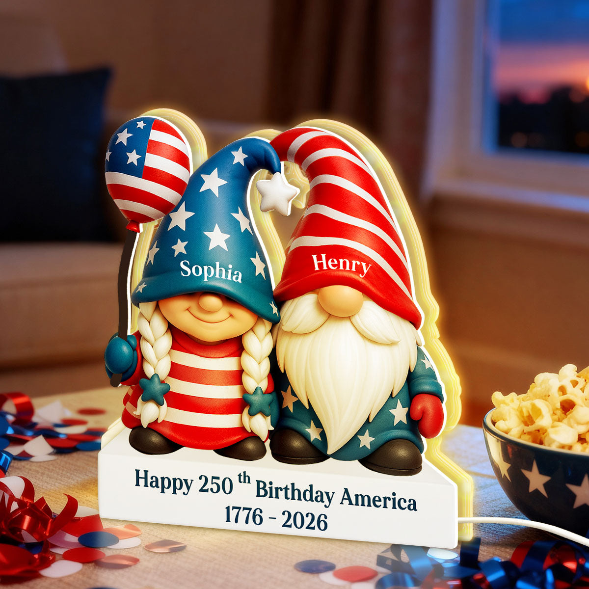 250th Anniversary American Gnome Couple - Personalized Light Box - Perfect Christmas Gift for Couple, for Her, for Him
