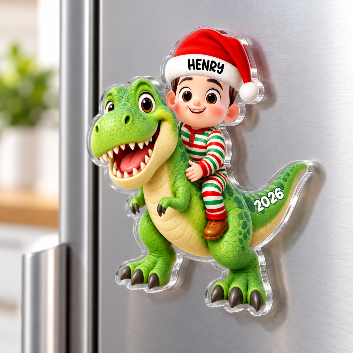 Trending Kid With Dinosaur Design For Boy Girl - Personalized Acrylic Fridge Magnet - Christmas Gift For Grandkids