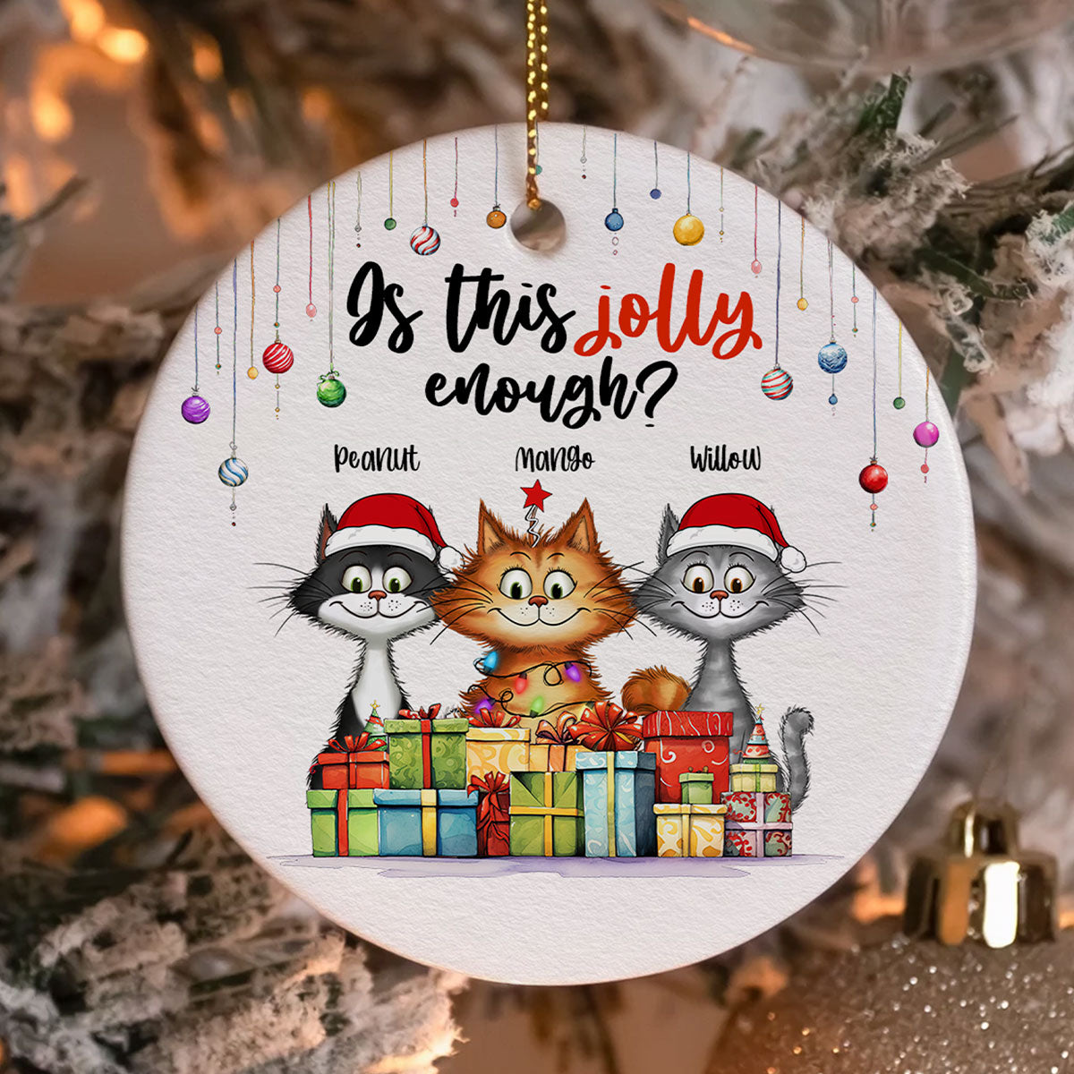 Is This Jolly Enough Quirky Whimsical Christmas Cats Personalized Circle Ceramic Ornament