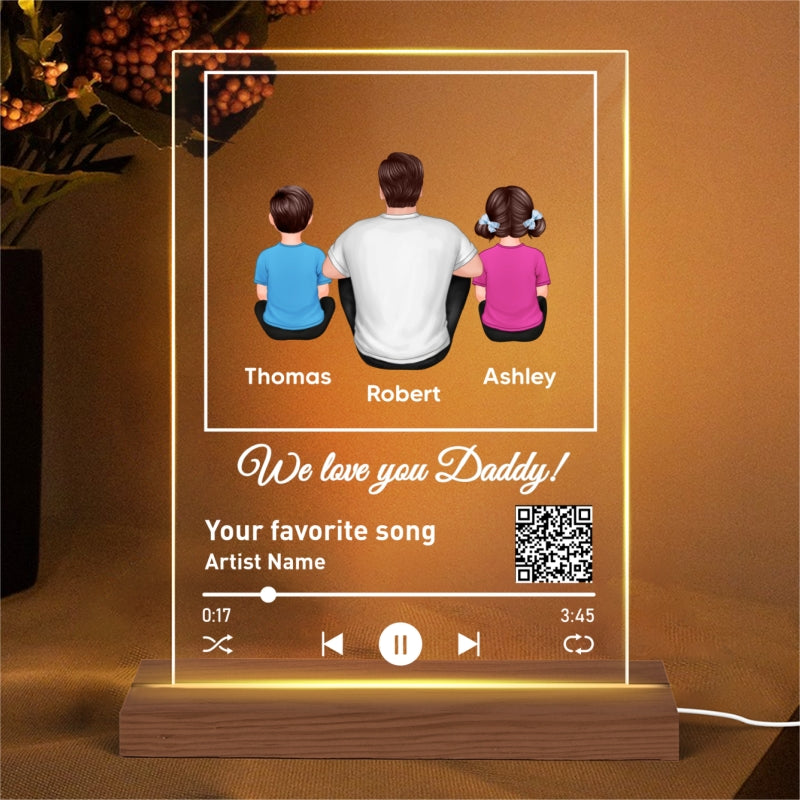 Dad Favorite Song Scannable QR Code Back View Man Kids Dog Cat Personalized Rectangle Acrylic Plaque LED Night Light