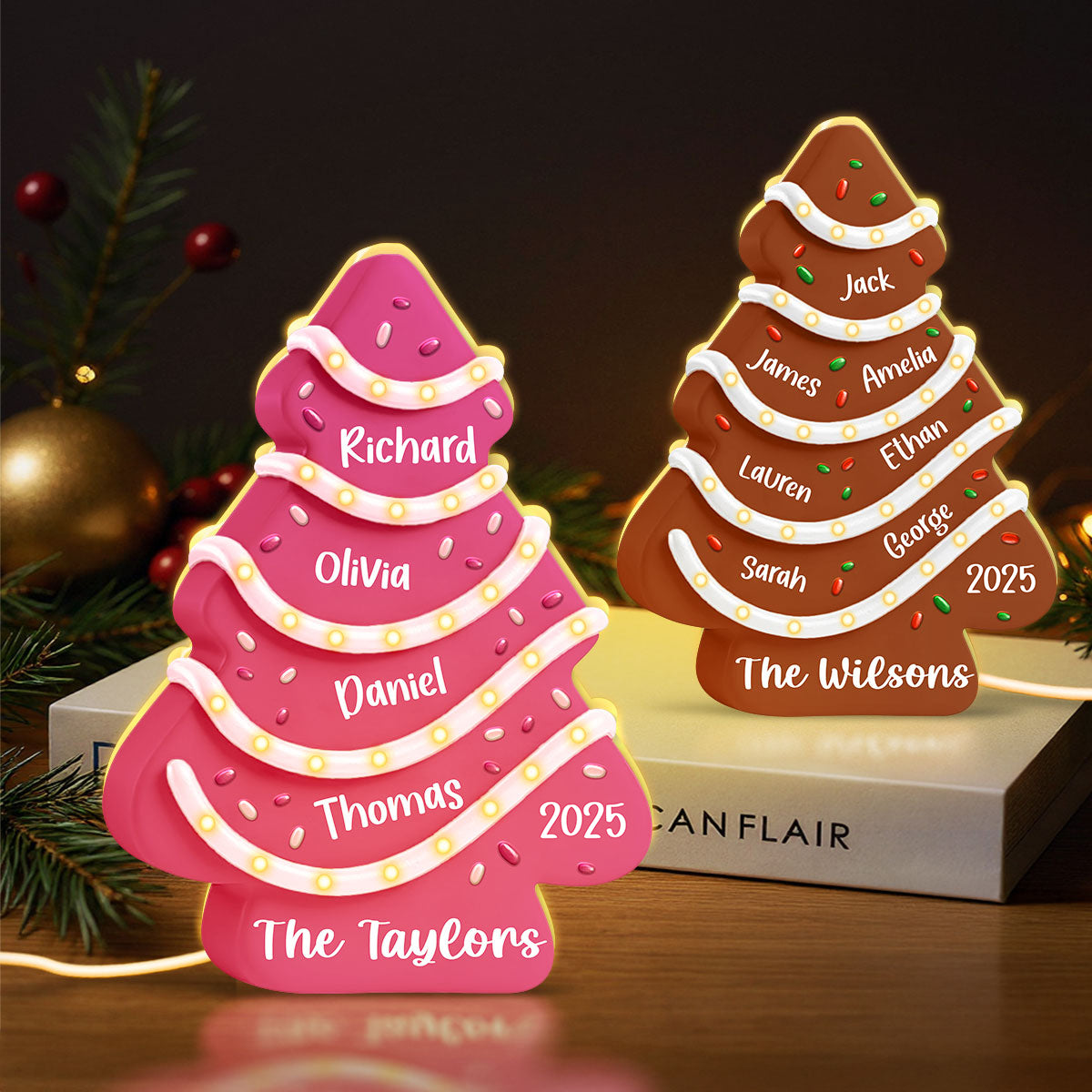 Family Names 3D Effect Christmas Tree Cake Personalized Light Box, Christmas Decor