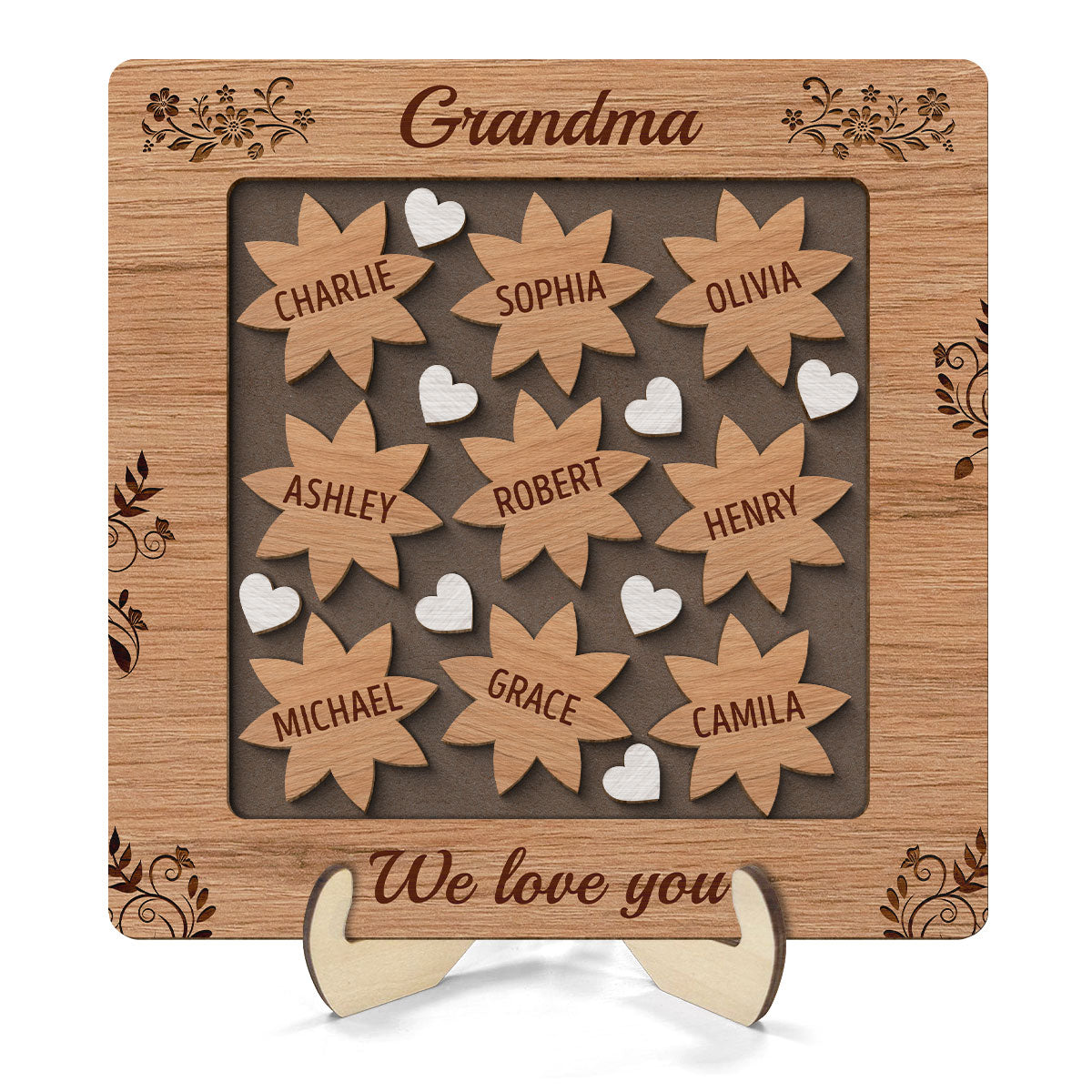 Grandma Mom Flowers Hearts Personalized 2-layer Wooden Plaque