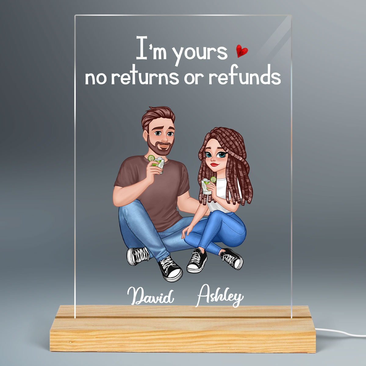 Cartoon Couple Sitting Together Since Anniversary Gift Personalized Rectangle Acrylic Plaque With LED Night Light