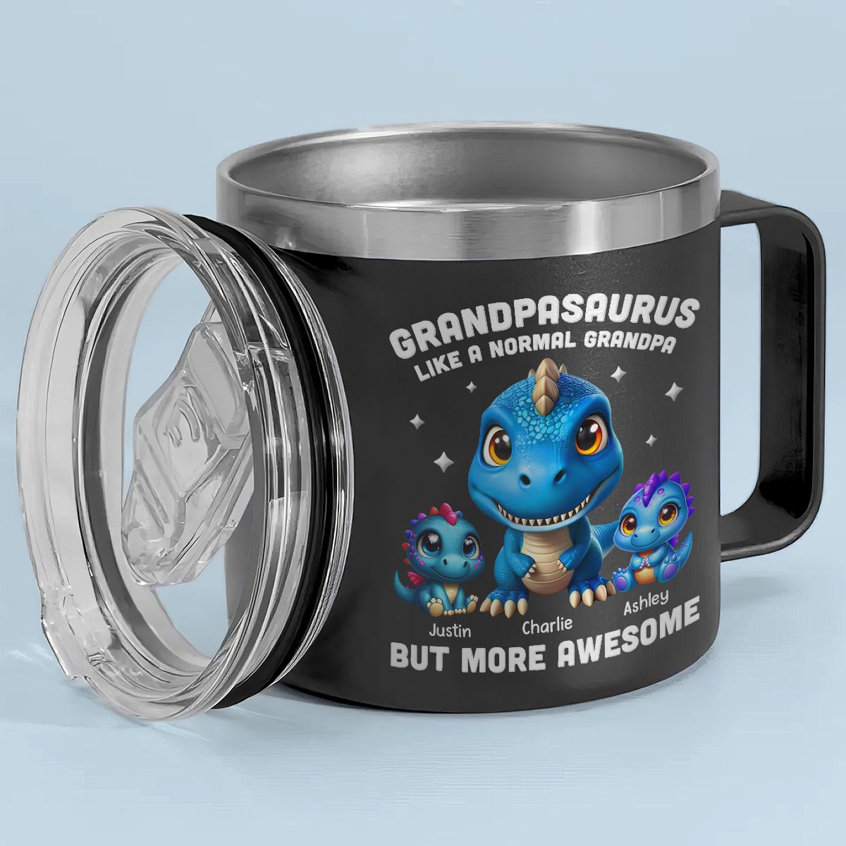 3D Effect Dinosaurs Daddysaurus Grandpasaurus Personalized Stainless Tumbler With Handle, 2025 Father's Day Gift For Grandpa