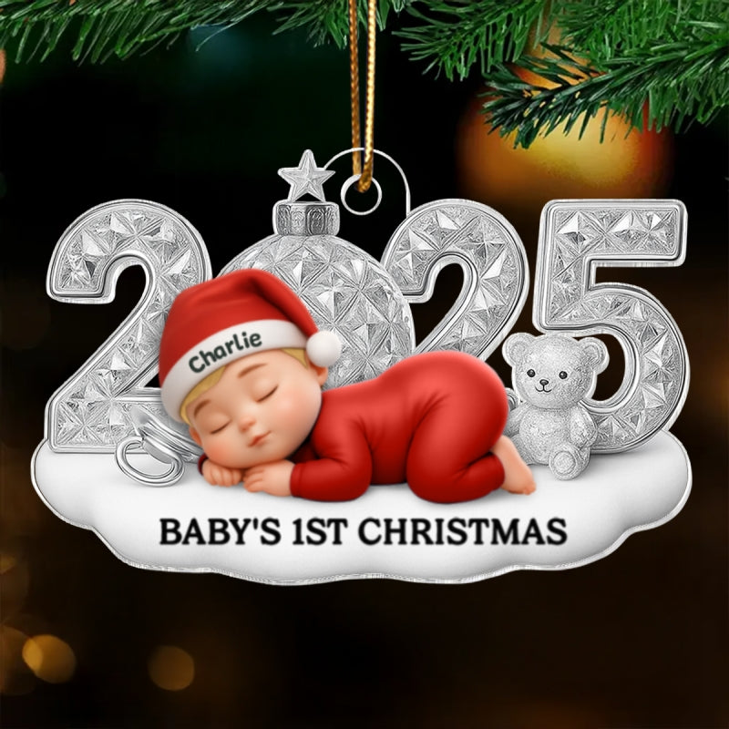 Cute Baby 2025 First Christmas - Personalized Acrylic Ornament - Christmas Gift for New Parent, Newborn Keepsake