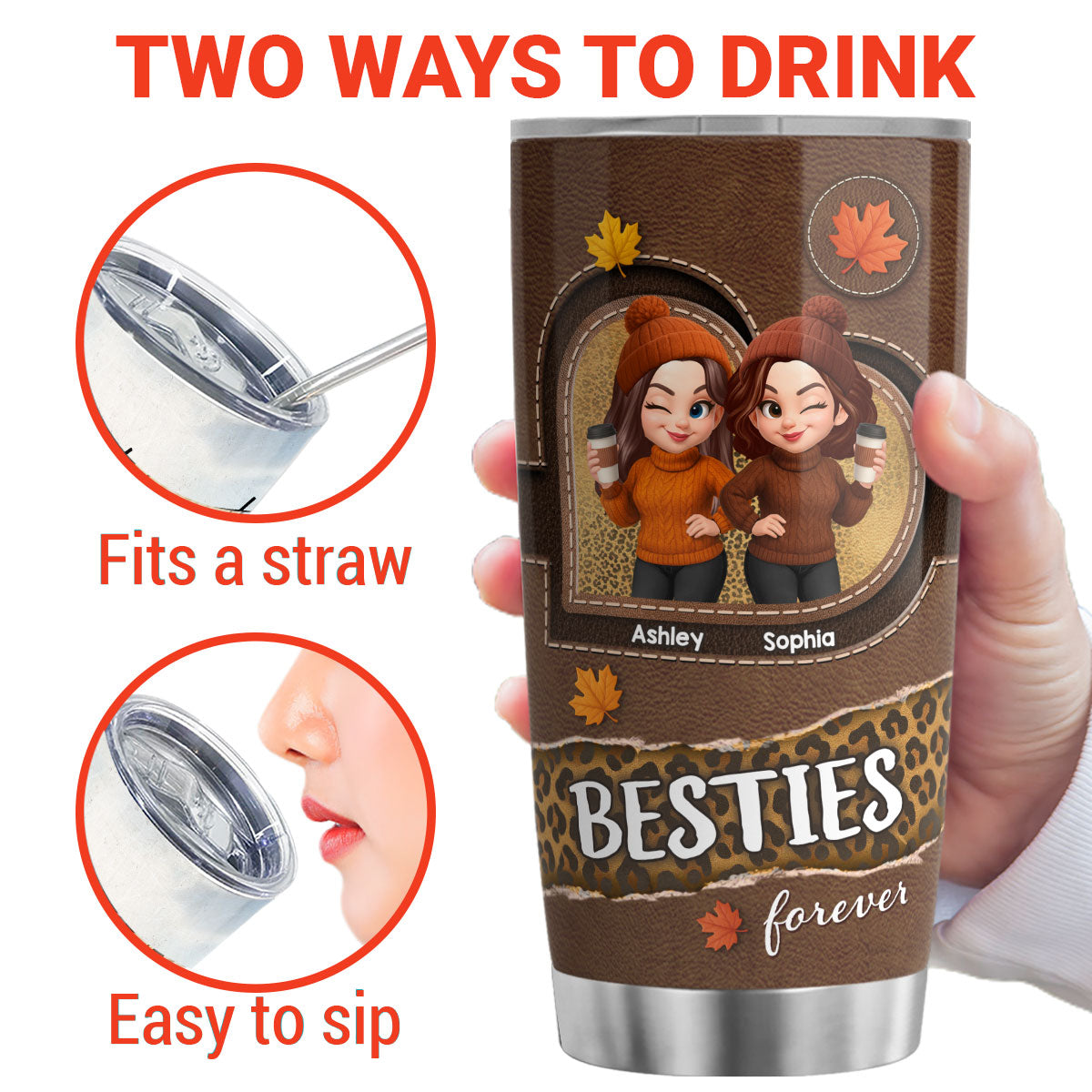 Fall Season Besties Sisters Fall Leather Pattern Personalized Tumbler