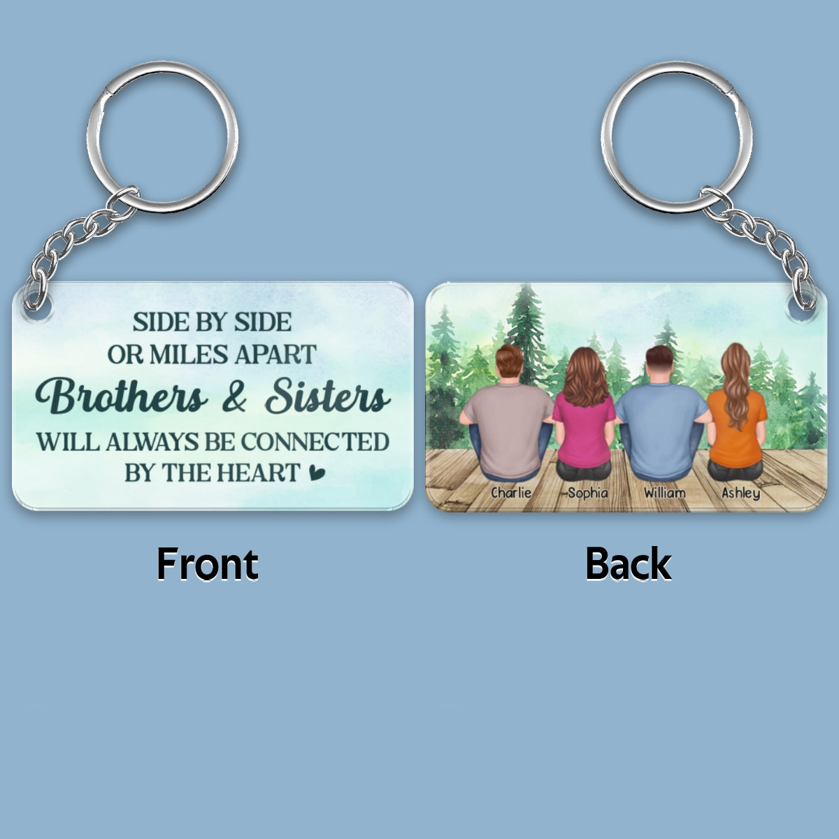 Back View Brothers And Sisters Sitting Forest Gift For Siblings Personalized Acrylic Keychain