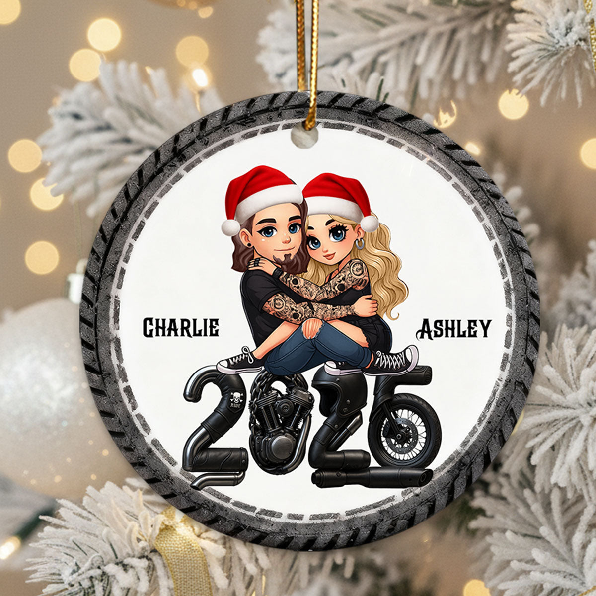 3D Effect Biker Couple Christmas - Personalized Ceramic Ornament - Gift For Bikers, Gift For Him, For Her