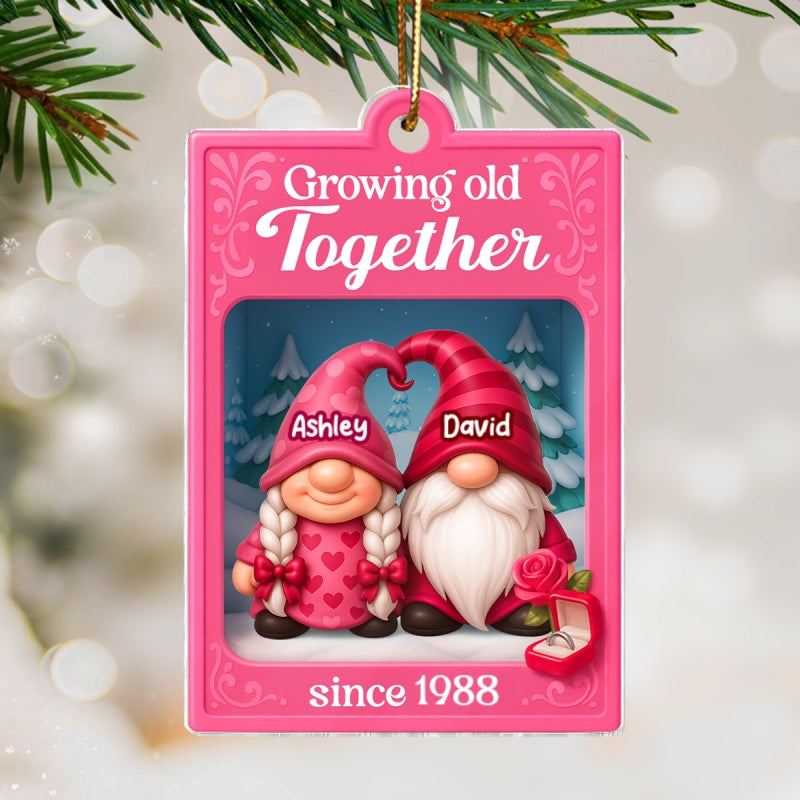 Growing Old Together Pink Gnome Couples Action Figure - Personalized Acrylic Ornament - Unique Christmas Gift For Old Couples, For Wife, For Husband
