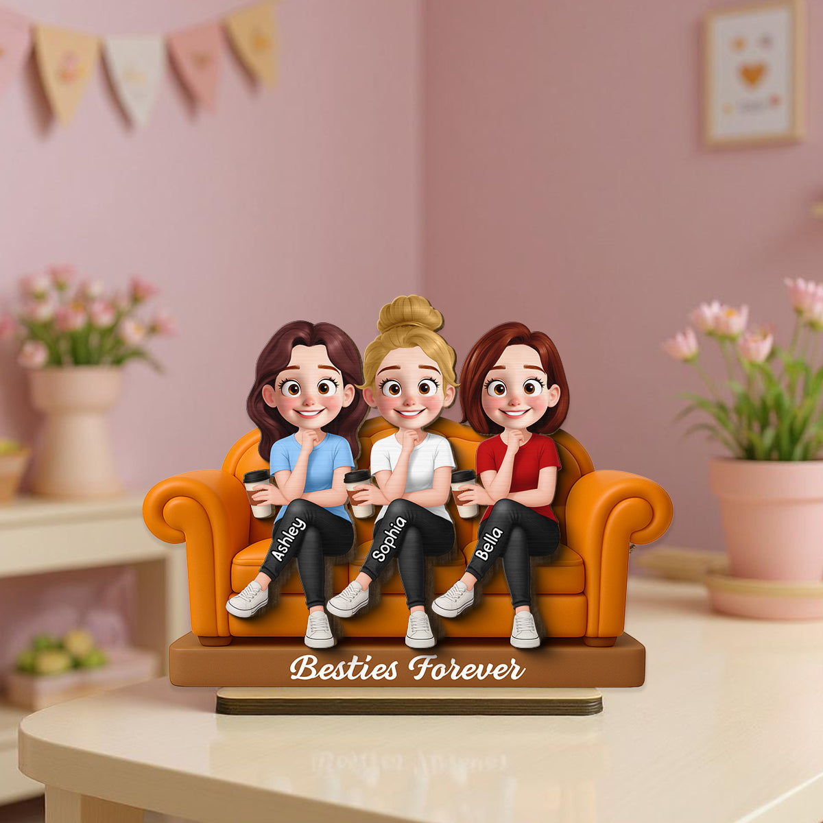 Besties Sitting On Sofa Personalized Wooden Standing Plaque, Gift for Besties, Sisters, Best Friends