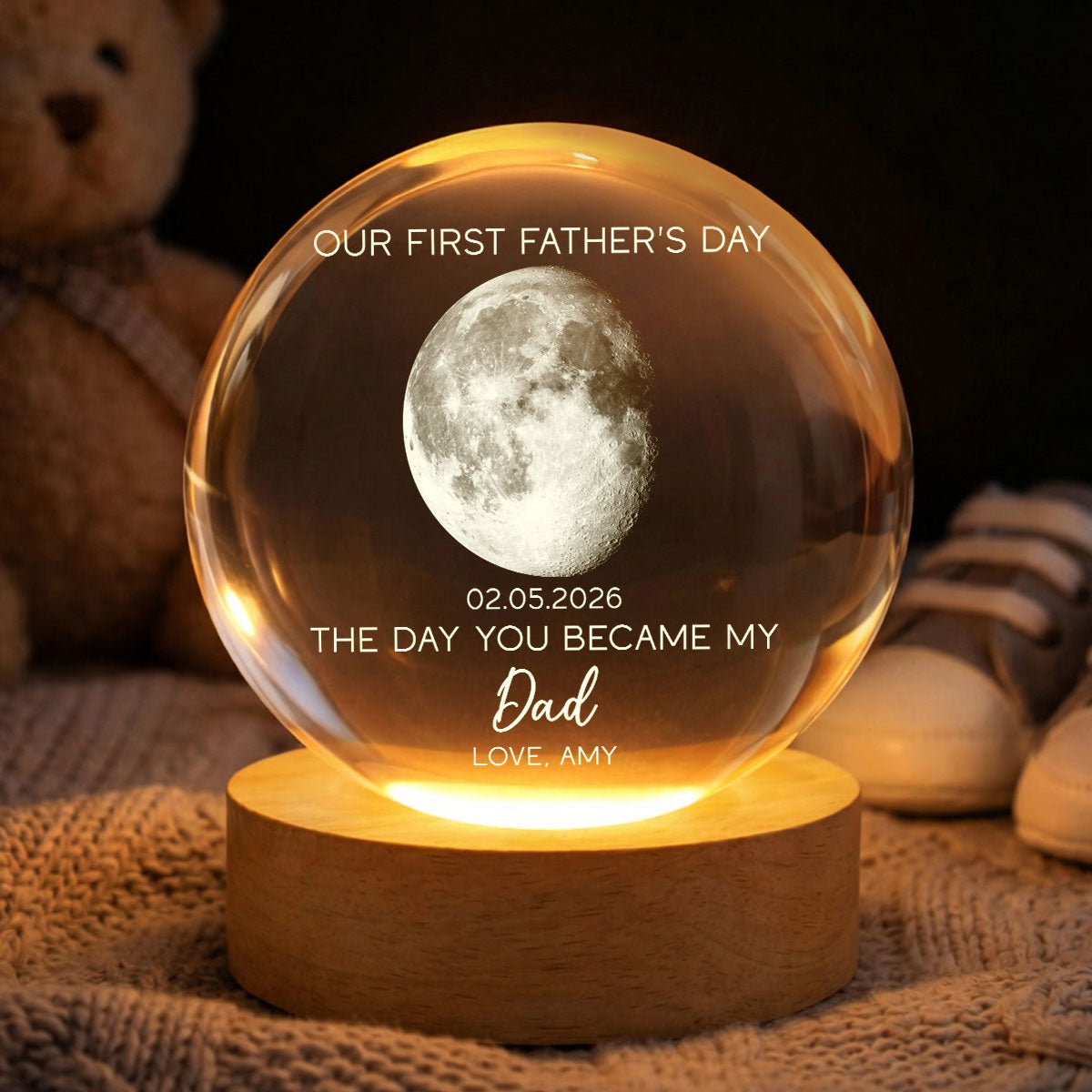 The Day You Became My Dad Custom Moon Phase First Father's Day - Personalized Crystal Ball LED Night Light - First Father's Day Gift For New Dad