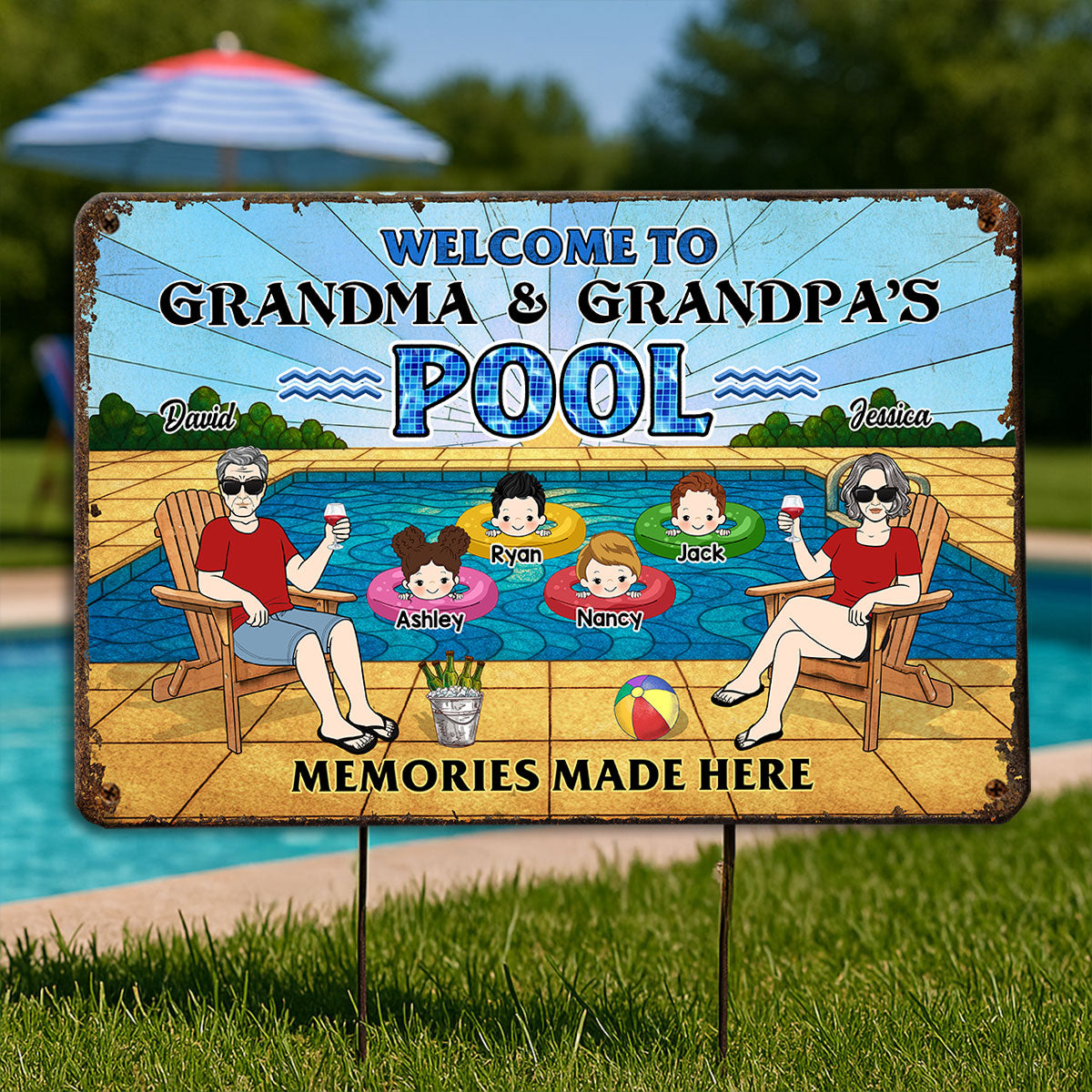 Summer Welcome To Grandpa Grandma Grandparents Pool Personalized Metal Sign| Summer Outdoor Decoration