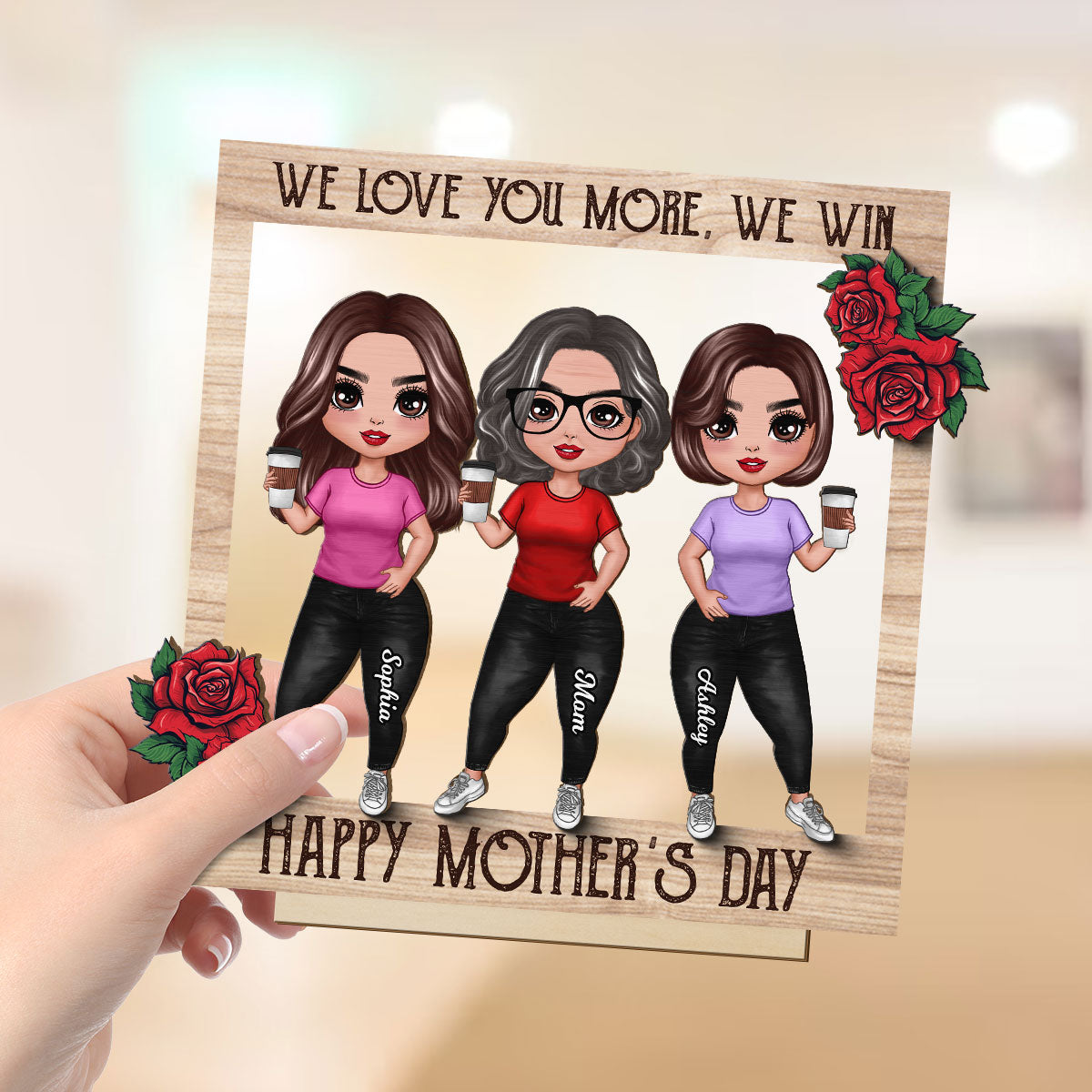 Roses Frame Mom And Daughter Personalized 2-Layer Standing Wooden Plaque