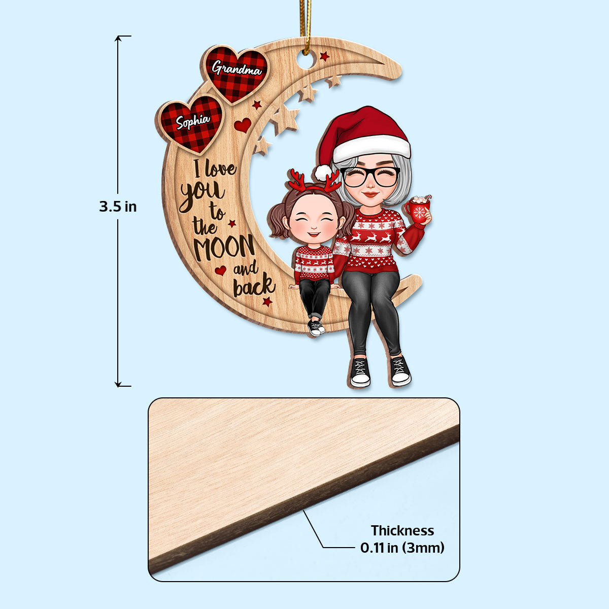 Checkered Pattern Heart Cute Grandma & Grandkid Sitting Crossed Legs On Moon Personalized Wooden Ornament