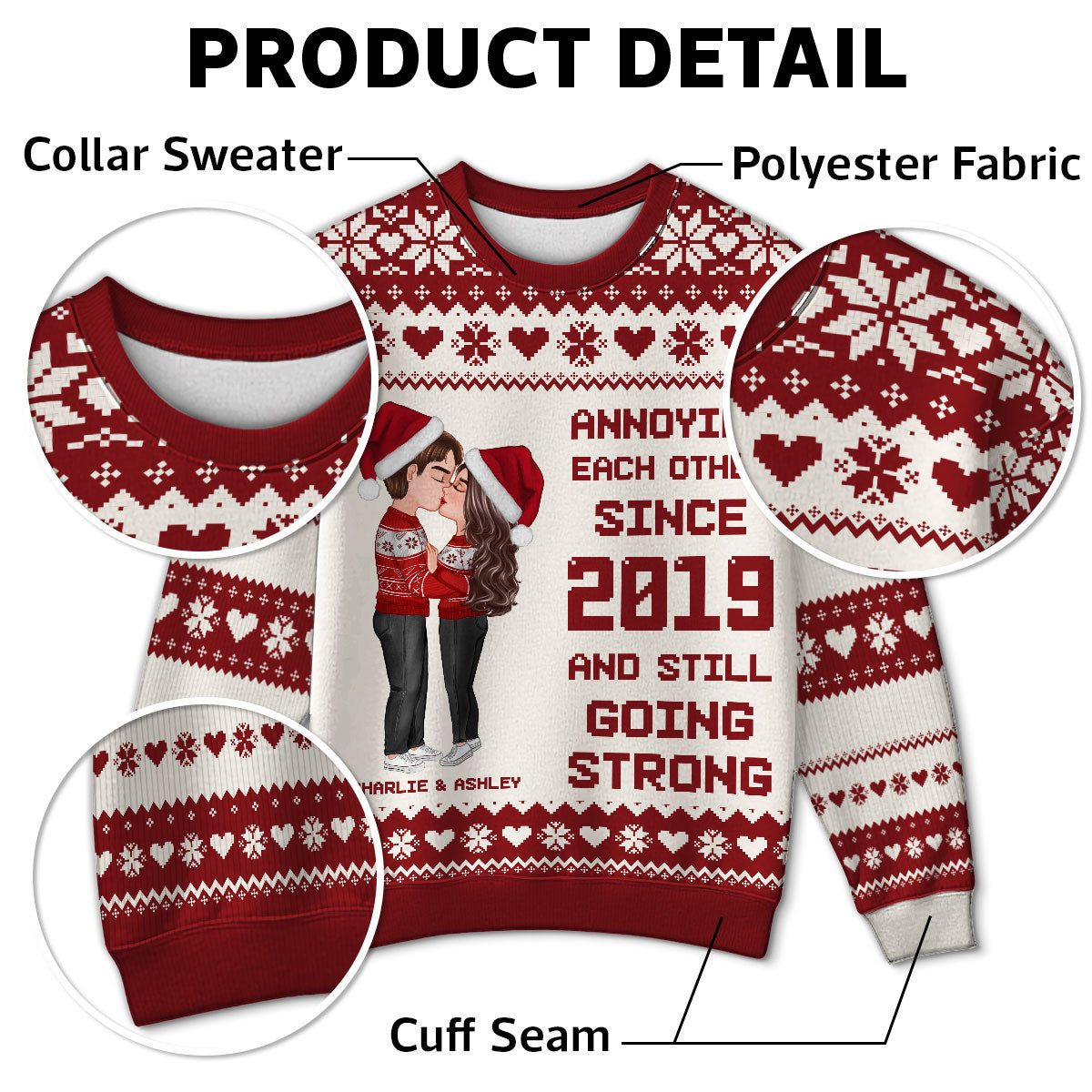 Christmas Hugging Kissing Couple Personalized Faux Knitting Ugly Sweater, Gift For Him, For Her